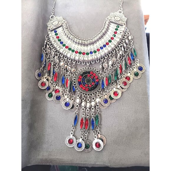 Bohemian Silver Statement Necklace With Multicolor Gem Accents & Dangle Coins - Picture 4 of 6
